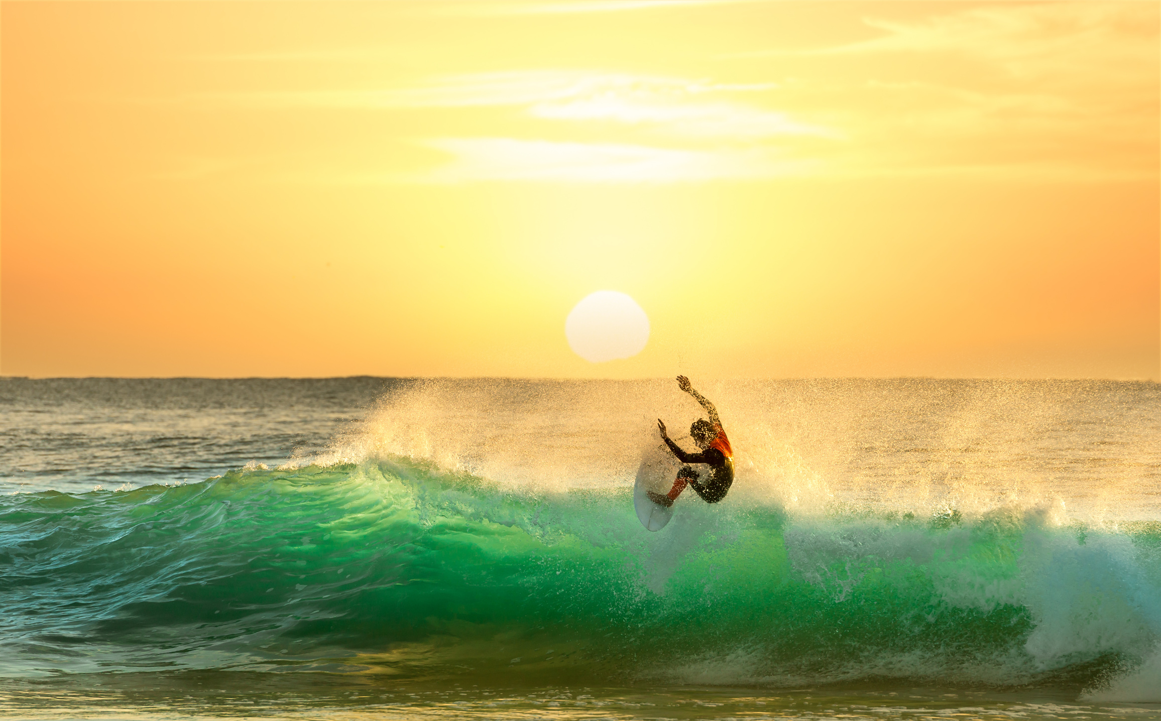 Surfing at Sunrise on a breaking wave